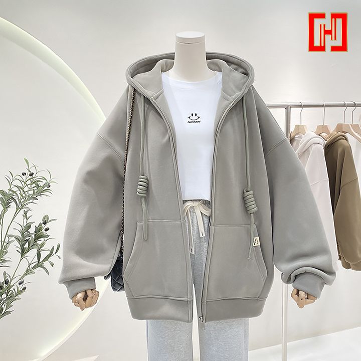 Áo khoác nỉ nữ mù trùm khóa kéo phong cách Hàn Quốc