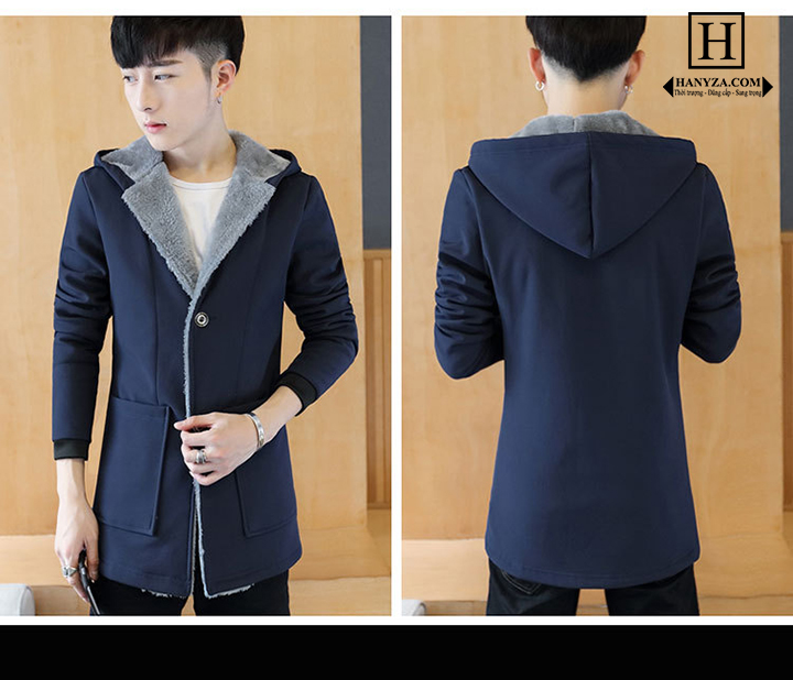Áo khoác nam dáng dài lót nỉ cổ vest có mũ