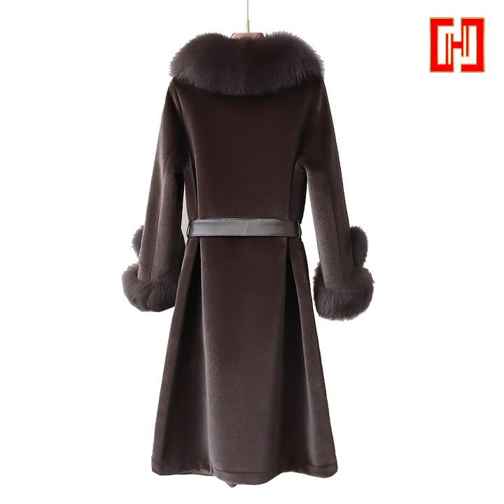 Áo khoác nữ dáng dài da cừu cổ lông cáo