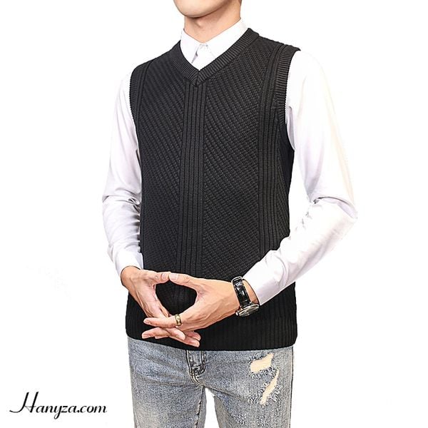 Áo len nam dệt kim lót nỉ cổ V không tay