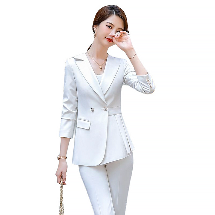 Bộ vest nữ cách điệu vạt lệch nhún bèo