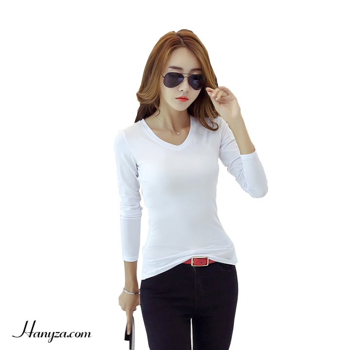 Áo thun trơn dài tay nữ cổ tròn