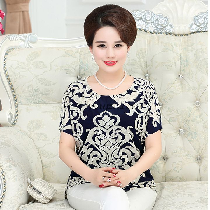 Áo phông ngắn tay nữ trung niên phối hoa