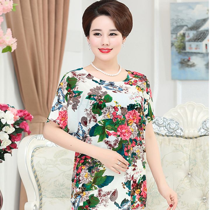 Áo phông ngắn tay nữ trung niên phối hoa