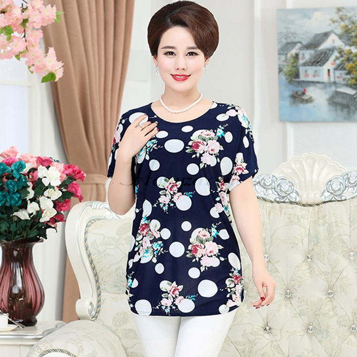 Áo phông ngắn tay nữ trung niên phối hoa