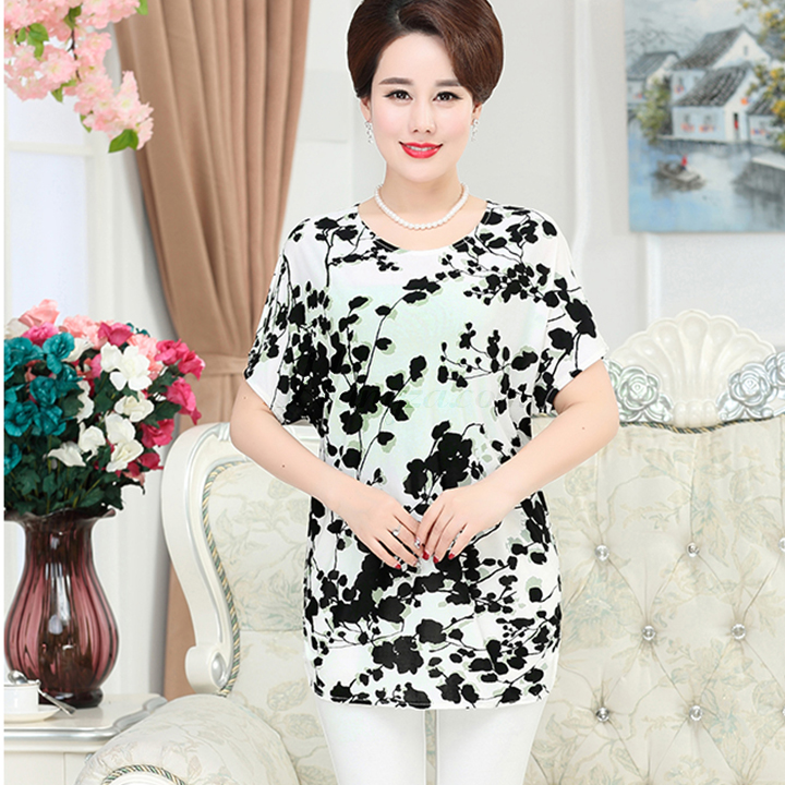 Áo phông ngắn tay nữ trung niên phối hoa