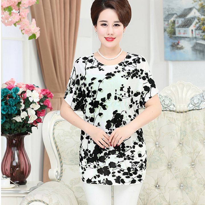 Áo phông ngắn tay nữ trung niên phối hoa