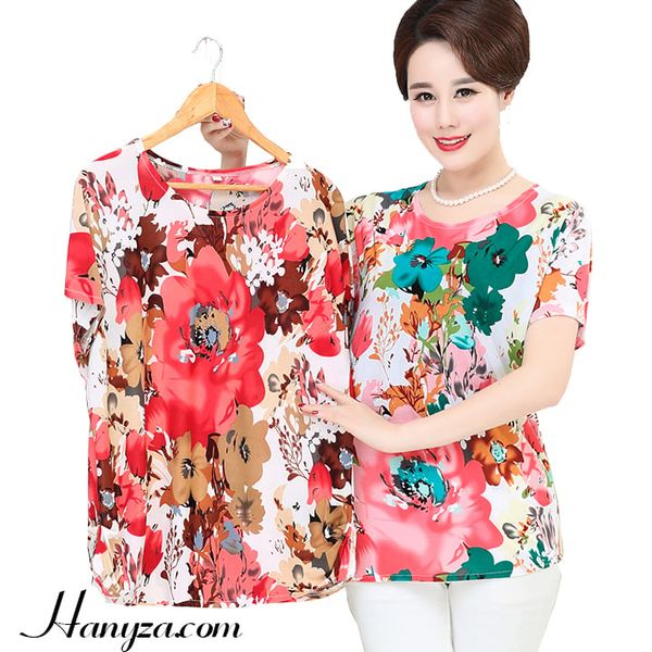 Áo phông ngắn tay nữ trung niên phối hoa