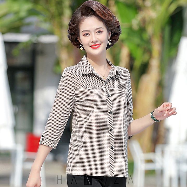 Áo sơ mi trung niên nữ tay lỡ kẻ caro