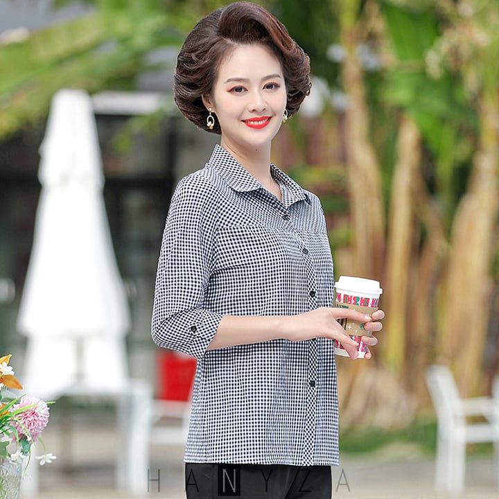 Áo sơ mi trung niên nữ tay lỡ kẻ caro