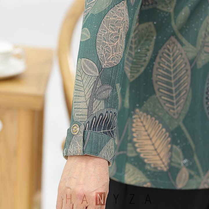 Áo sơ mi nữ trung niên và người lớn tuổi cổ bẻ hoạ tiết hình lá