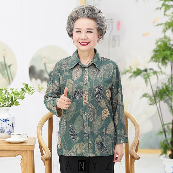 Áo sơ mi nữ trung niên và người lớn tuổi cổ bẻ hoạ tiết hình lá