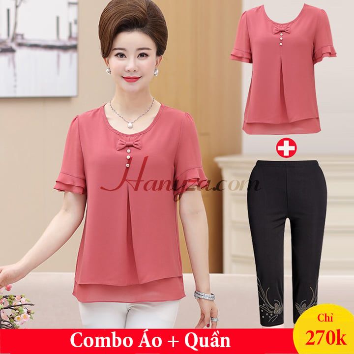 Bộ quần áo trung niên 2 tầng đính nơ