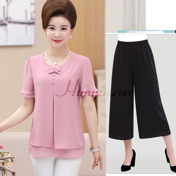 Bộ quần áo trung niên 2 tầng đính nơ