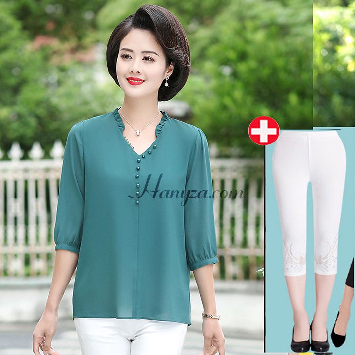 Bộ voan tay lỡ trung niên cổ chữ V