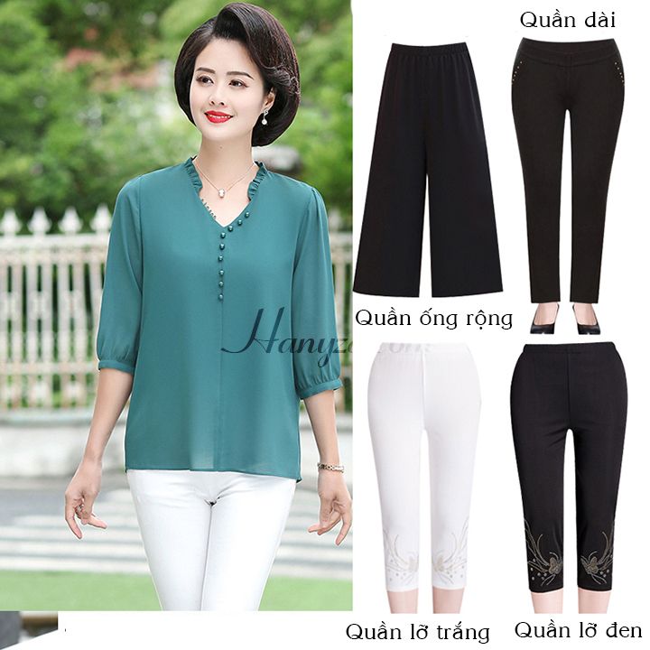 Bộ voan tay lỡ trung niên cổ chữ V