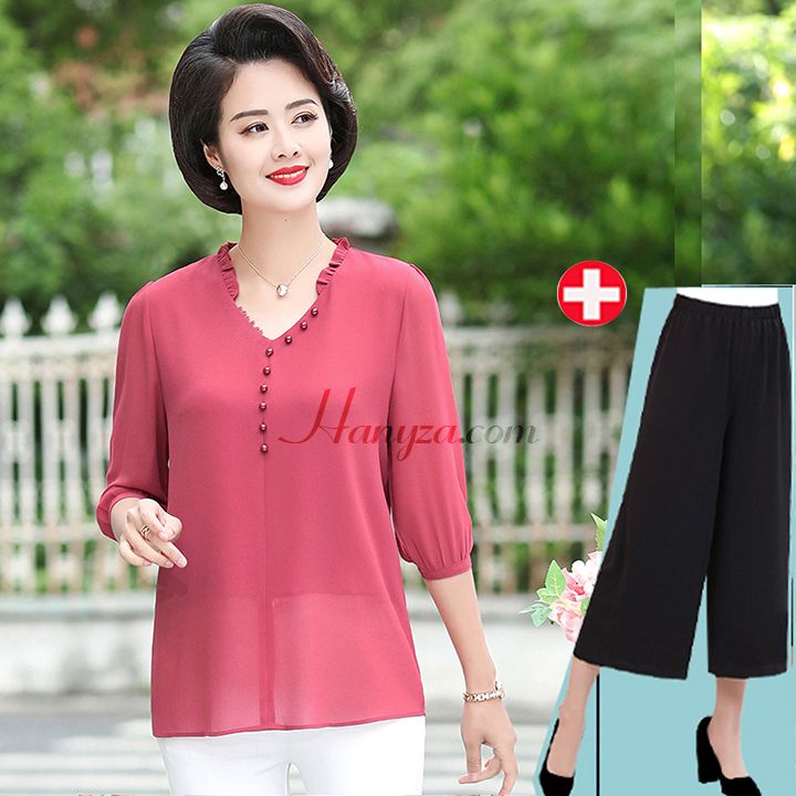 Bộ voan tay lỡ trung niên cổ chữ V