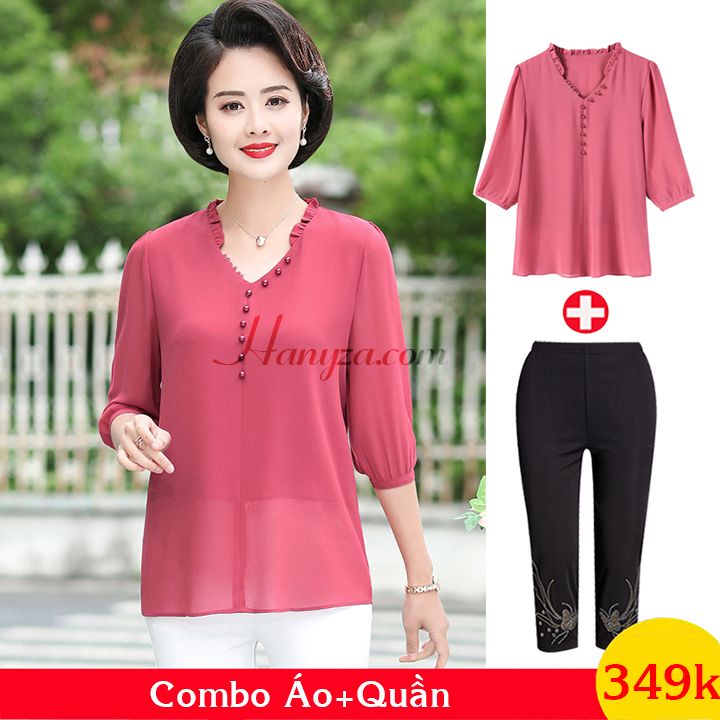 Bộ voan tay lỡ trung niên cổ chữ V