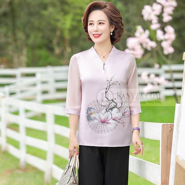 Áo sơ mi nữ trung niên tay lỡ in họa tiết