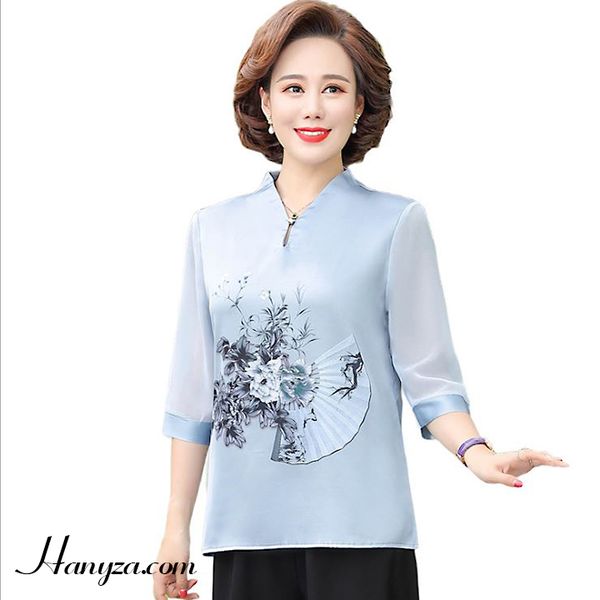 Áo sơ mi nữ trung niên tay lỡ in họa tiết