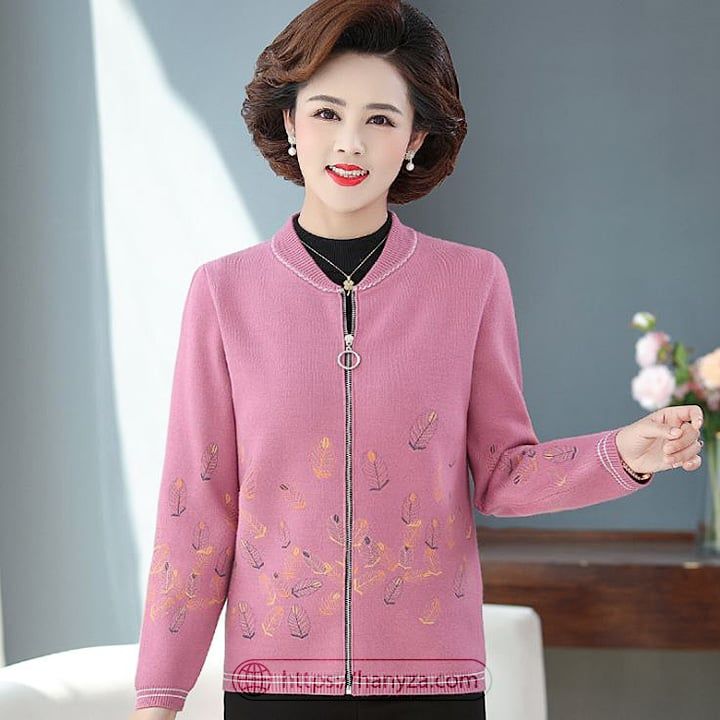 Áo len dệt kim trung niên nữ thêu lá