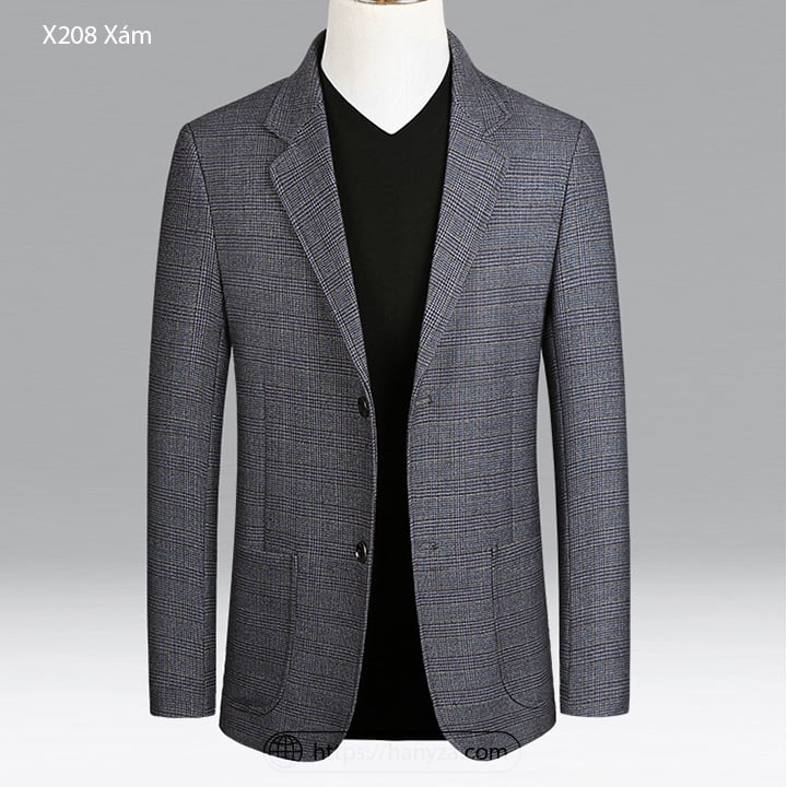 Áo blazer nam cổ vest kẻ caro phong cách Châu Âu