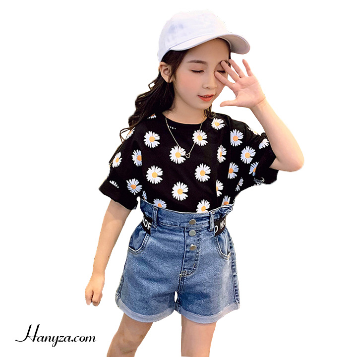 Bộ short denim bé gái phối áo hoa cúc