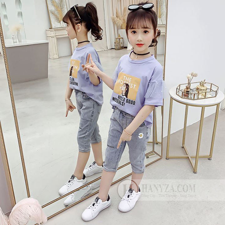 Bộ Denim dáng lửng ngắn tay bé gái 3-14 tuổi