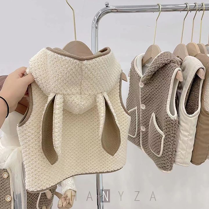 Áo Vest len bé gái mũ trùm tai thỏ