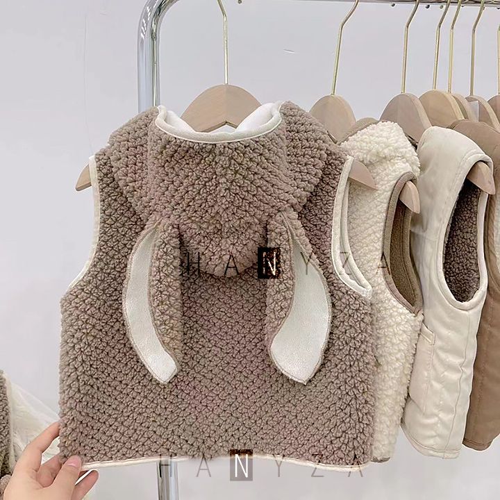 Áo Vest len bé gái mũ trùm tai thỏ
