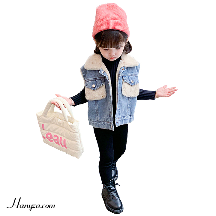 Áo vest denim bé gái lót lông ấm thời trang