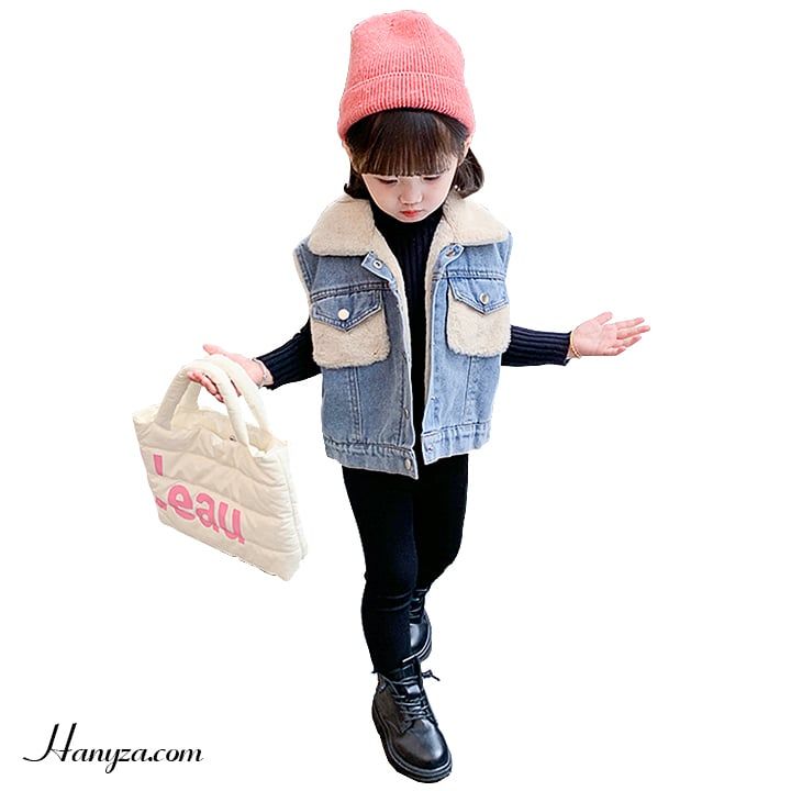 Áo vest denim bé gái lót lông ấm thời trang