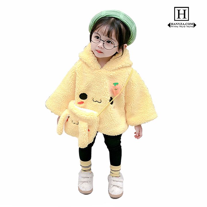 Áo khoác bé gái Pikachu bề mặt phủ lông nhung