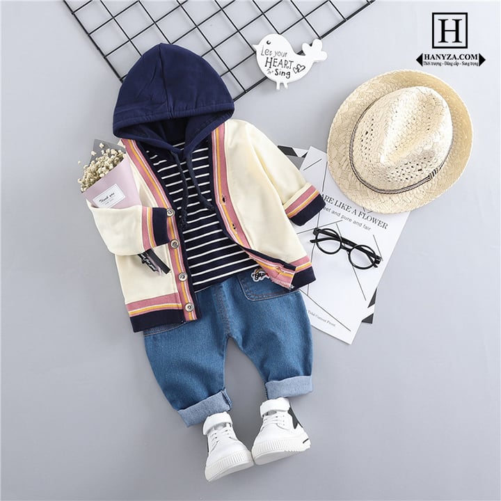 Bộ quần áo trẻ em 3 mảnh phối áo cardigan cho bé từ 1-3 tuổi