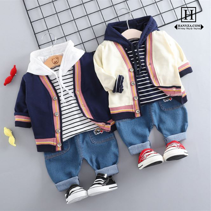 Bộ quần áo trẻ em 3 mảnh phối áo cardigan cho bé từ 1-3 tuổi