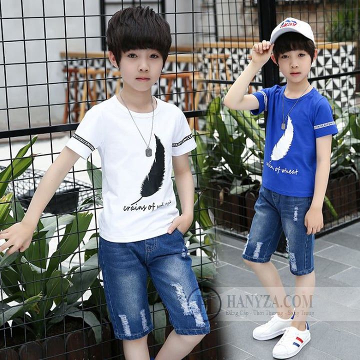 Bộ quần áo short denim cạp chun bé trai trên 8 tuổi