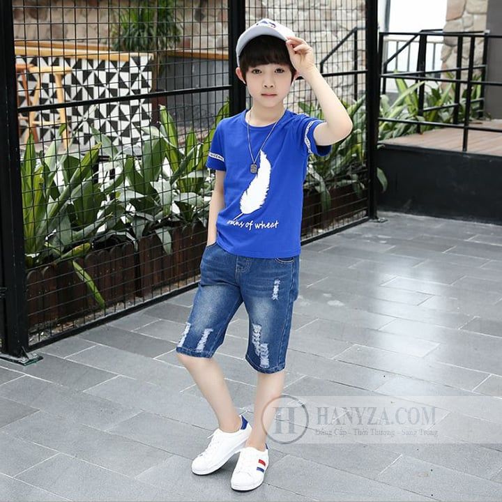 Bộ quần áo short denim cạp chun bé trai trên 8 tuổi