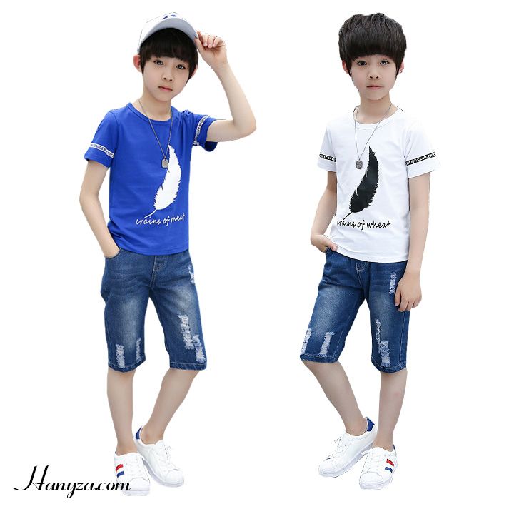 Bộ quần áo short denim cạp chun bé trai trên 8 tuổi