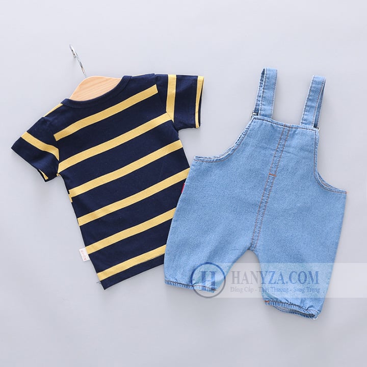 Bộ quần yếm denim phối áo kẻ bé trai 1-3 tuổi