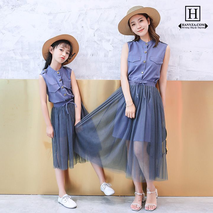 Váy áo sơ mi sát nách 2 mảnh  cho mẹ và bé