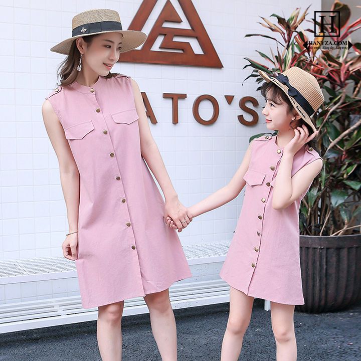 Váy áo sơ mi sát nách 2 mảnh  cho mẹ và bé