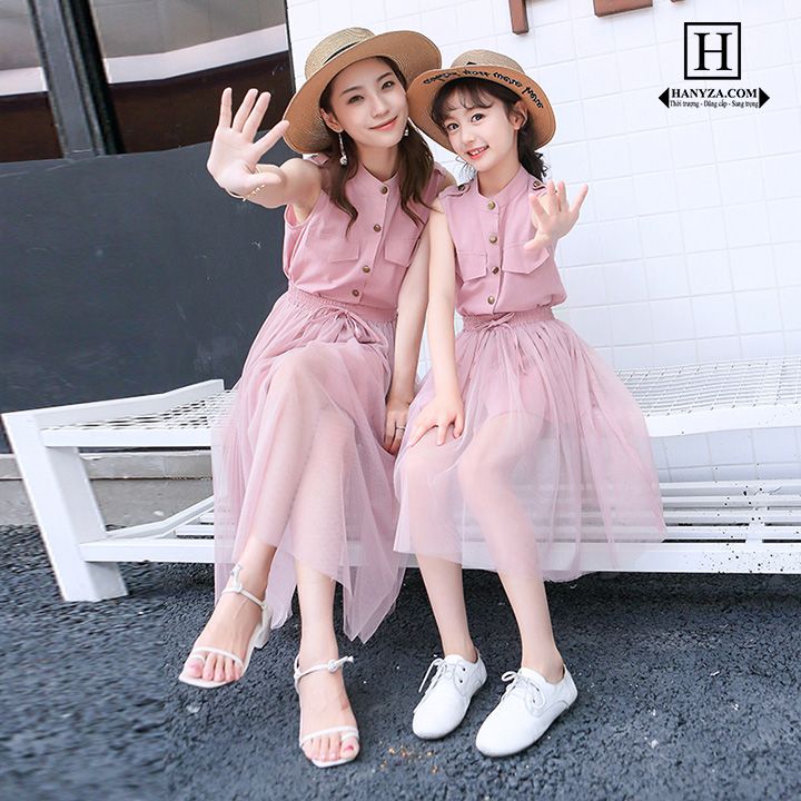 Váy áo sơ mi sát nách 2 mảnh  cho mẹ và bé