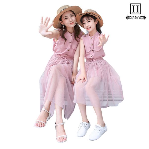 Váy áo sơ mi sát nách 2 mảnh  cho mẹ và bé