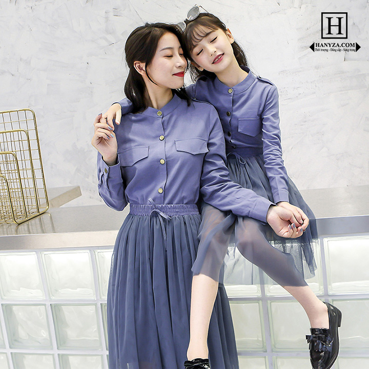 Váy đôi sơ mi dài tay 2 mảnh mẹ và bé