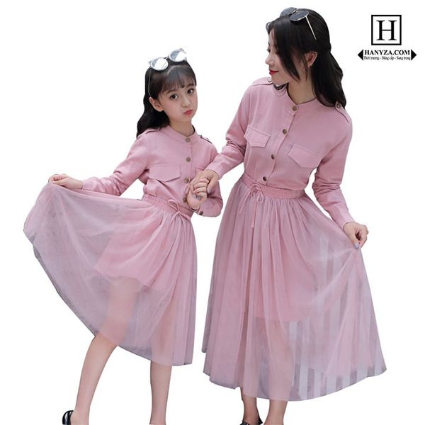 Váy đôi sơ mi dài tay 2 mảnh mẹ và bé