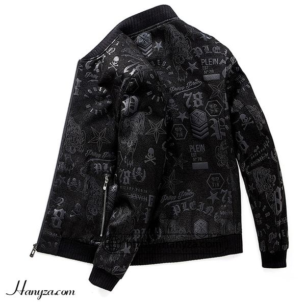 Áo khoác nam da cừu cổ trụ họa tiết nổi