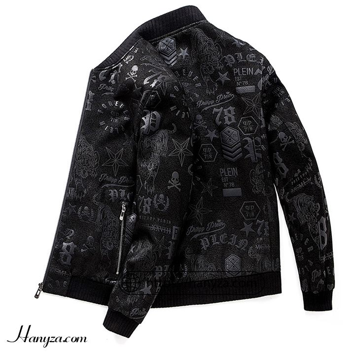 Áo khoác nam da cừu cổ trụ họa tiết nổi