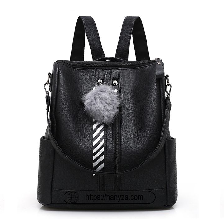 Balo nữ da PU gắn móc quả bông kiểu dáng retro