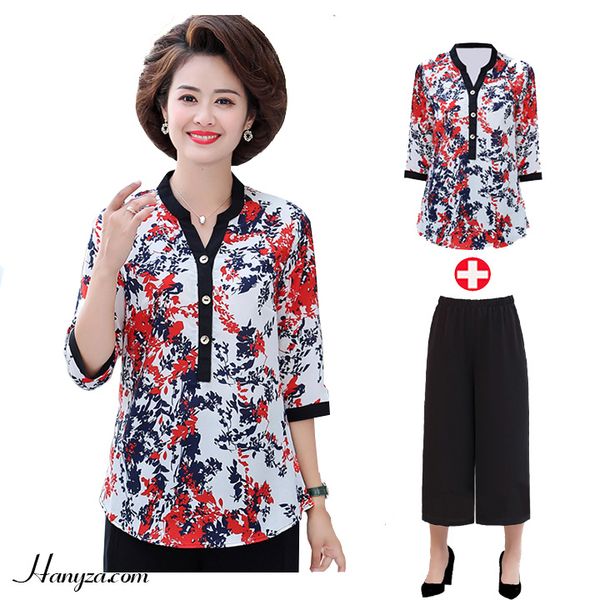 Bộ Trung niên nữ cổ tàu tay lỡ in hoa lá
