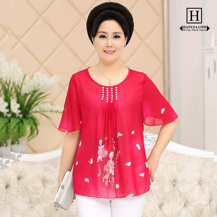 Bộ trung niên nữ cổ tròn đính cườm in hoa